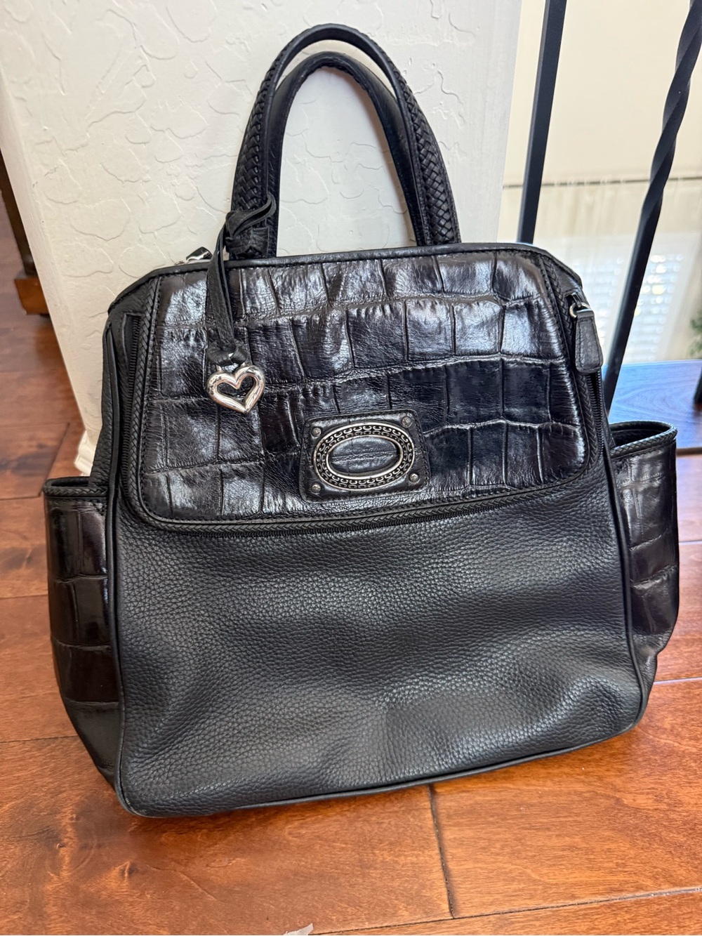 Brighton Black Leather Convertible Backpack Tote Croc Embossed Organizer Bag